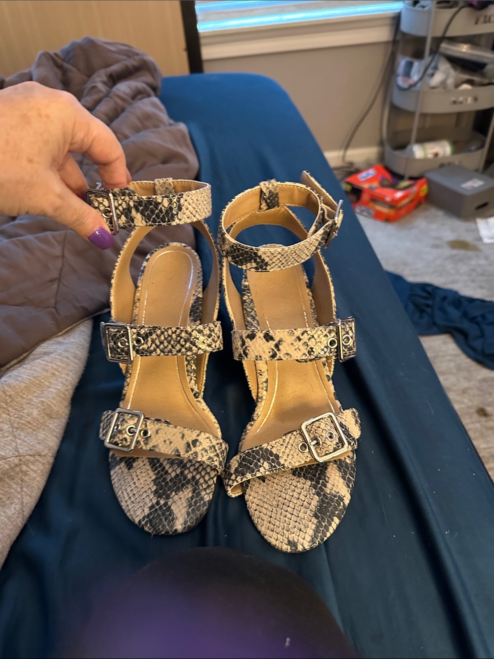 Vionic Snake Print Buckled Strappy Heels in Neutral Tones